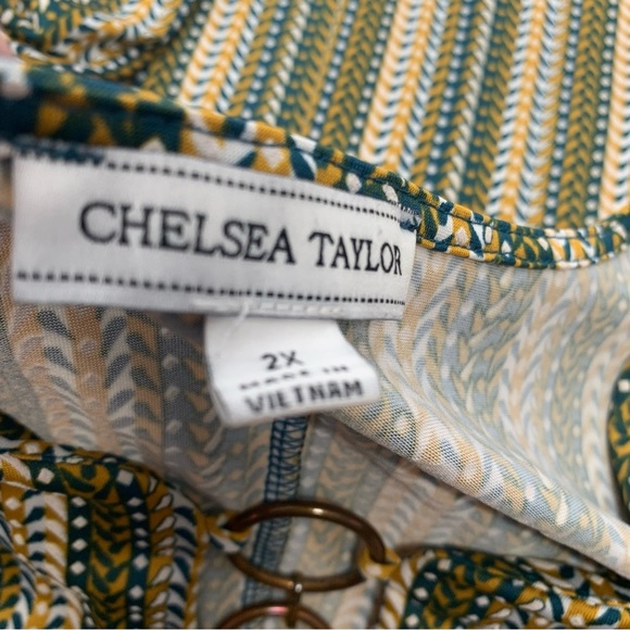 Chelsea Taylor Shift A Line Dress 2X  Geometric Green Ruffle Sleeve Below Knee O - Picture 6 of 9